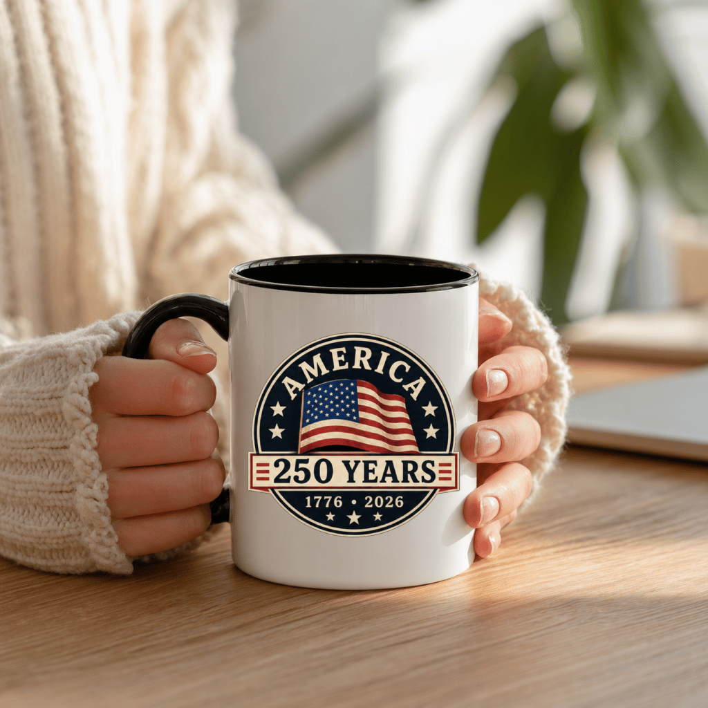Retro USA 250 Years Accent Mug – 1776-2026 Independence Day Patriotic Gift for Men Women, American Flag Graphic - back view